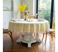 GOEXCPL Nappe Ronde en Coton et Lin avec Franges, Jaune Clair Diamètre 260 cm, Convient aux Tables Rondes de 190-210 cm de diamètre