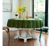 GOEXCPL Nappe Ronde en Coton et Lin avec Franges, Vert foncé Diamètre 240 cm, Convient aux Tables Rondes de 170-190 cm de diamètre