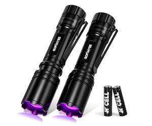 Gofimyee Lot de 2 mini lampes de poche UV à lumière noire avec mise au point réglable, lampe ultraviolette 395 nm pour géocaching, détecteur d'urine d'animaux domestiques, chasse à l'ambre, etc. Avec