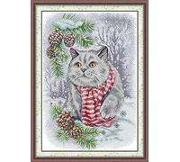 Gofission Kit de broderie au point de croix estampillé 14 carats pour adultes et débutants, jours froids avec un chat douillet - Kit de broderie au point de croix pré-imprimé avec accessoires pour