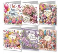 Gofission Lot de 6 cartes de vœux d'anniversaire avec peinture diamant 15 x 30 cm à faire soi-même - Motif diamant 5D - Cartes postales spéciales pour la famille et les amis - Cadeau fait à la main