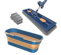 GOFOHIMI Grand Plat Mop, 360 degrés Magic Mop Self Wringing Wall Mop pour grattoir de Nettoyage de Plancher Plat pour Nettoyer la vadrouille de fenêtre,Bleu,Vadrouille+6 Tampons+Seau