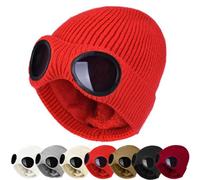 Goggle Knit Beanie, Built-in Goggles, Windproof Winter Knit Hat (Red)