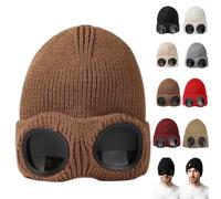 Goggle Knitted Beanie Hat,Windproof Warm Winter Skull Cap，Beige