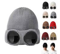 Goggle Knitted Beanie Hat,Windproof Warm Winter Skull Cap，Milky White