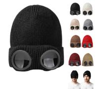 Goggle Knitted Beanie Hat,Windproof Warm Winter Skull Cap，Wine Red