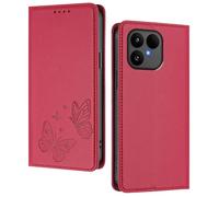 GOGME Coque pour Fairphone 6, Étui en Cuir Premium avec Papillon en Relief, Porte-Cartes, Support, Housse Antichoc, Coque Portefeuille Rabattable - Rouge