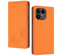 GOGME Coque pour Fairphone 6, Étui en Cuir Premium avec Papillon en Relief, Porte-Cartes, Support, Housse Antichoc, Coque Portefeuille Rabattable - Orange