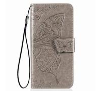 GOGME Coque pour Fairphone 6 Etui, Relief 3D Papillon Housse en Cuir PU/TPU, Portefeuille avec Rangements de Cartes et Stand Fonction. Gris