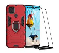 GOGME Coque pour Oppo A15 avec Rotatif à 360 Degrés Bague Anneau, Etui Hybride Robuste avec Support Magnétique Car Mount, Silicone TPU + PC Housse + 2 Verre Trempé. Rouge