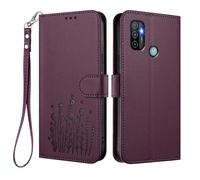 GOGME Coque pour Oppo A53 | A53s, Étui en Cuir Floral Élégant avec Bumper TPU, Housse Stand Antichoc & Design Portefeuille - Violet Foncé