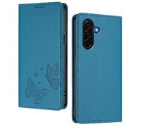 GOGME Coque pour Samsung Galaxy A57 5G, Étui en Cuir Premium avec Papillon en Relief, Porte-Cartes, Support, Housse Antichoc, Coque Portefeuille Rabattable - Bleu Clair