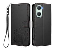 GOGME Coque pour Vivo Y28s 5G, Étui en Cuir Floral Élégant avec Bumper TPU, Housse Stand Antichoc & Design Portefeuille - Noir