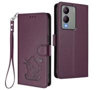 GOGME Étui Portefeuille pour Vivo Y17s, Motif Chat Adorable Leather Coque avec Fermeture Magnétique, Shockproof TPU Housse & Support - Violet Foncé