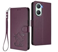 GOGME Étui Portefeuille pour Vivo Y28s 5G, Motif Chat Adorable Leather Coque avec Fermeture Magnétique, Shockproof TPU Housse & Support - Violet Foncé