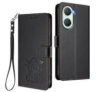 GOGME Étui Portefeuille pour Vivo Y28s 5G, Motif Chat Adorable Leather Coque avec Fermeture Magnétique, Shockproof TPU Housse & Support - Noir