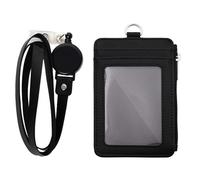 GOGO Porte-badge avec fermeture éclair, étui portefeuille fin en cuir synthétique avec cordon tour de cou de 50,8 cm et enrouleur de badge rétractable - Noir