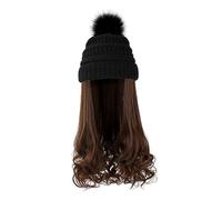 Gogogmee Bonnet Tricoté Noir Chaud Postiche Ondulée Longue Brun Clair Amovible Chapeau Hiver Femme Confortable et Ajustable Extensions de Cheveux Naturelles pour Cosplay et Usage