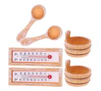 Gogogmee Ensemble 2 Kits Accessoires Sauna Miniature pour Maison de Poupée Seau en Résine Thermomètre-Hygromètre Décor Scène Été Spa 4 Pièces par Kit Décoration Réaliste
