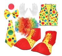 Gogogmee Ensemble Complet Costume de Clown Adulte en Tissu Confortable Taille Unique Gilet, Postiche, Nez et Chaussures pour Fête, Carnaval et Déguisement - Accessoires Clown pour Hommes