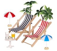 Gogogmee Ensemble Miniature en Résine de Plage pour Maison de Poupée 2 Palmiers, 2 Parasols, 2 Chaises Longues, 2 Boissons et 1 Table Basse Ronde - Décoration Micro-Paysage Côtière