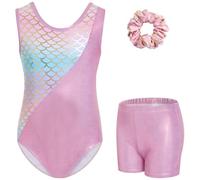 Gogokids Ensemble de gymnastique trois pièces pour filles avec short, justaucorps de gymnastique sans manches avec pierres précieuses, tenue de gymnastique étincelante avec motif de blocs de couleur