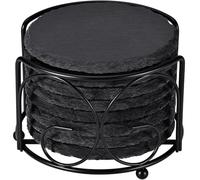 GOH DODD Lot de 8 dessous de verre ronds en ardoise avec support en métal, 10,2 cm, pour la maison, l'extérieur, la cuisine, l'appartement, cadeaux de pendaison de crémaillère, fête de mariage, rond