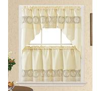 GOHD Daisy Dream Ensemble de Rideaux de Cuisine et café en Satin avec Broderie et Dentelle de Couleur Assortie Beige