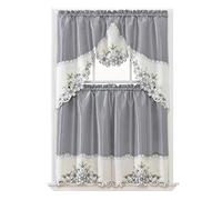 GOHD Ensemble de Rideaux de Cuisine Motif Arche Florale, cantonnière et étages, Belle Broderie Florale de Couleur Assortie sur la Bordure avec découpes (Gris argenté)