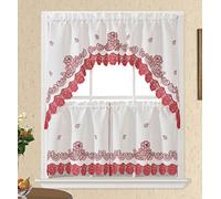 GOHD Lot de 3 Rideaux de Cuisine en Dentelle avec rosarium - Tissu Blanc élégant avec Broderie Rose et Dentelle (Rouge, Guirlande, Ensemble de 55,9 cm)