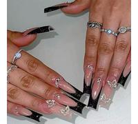 Goiern Press Nail Long Strass Rose Faux Long Square Bling Brillant 3D Flower Faux Conseils 24pcs