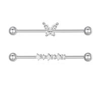 Gojewen 2 pièces Industrial Piercing Bars 38mm Argent Scaffold Barbells 14G Acier Chirurgical Papillon Bijoux Piercing Oreilles