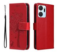 GOKEN Coque pour Huawei Honor X7a, Housse Flip TPU/PU Portefeuille Cuir Portefeuille Étui avec Carte Fente/Stand Fonction, Embossée Motif Magnétique Case Cover, Rouge