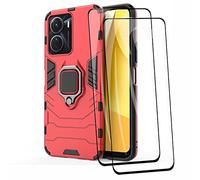 GOKEN Coque pour Vivo Y16 4G + 2 Verre Trempé, Antichoc Housse Protection Etui ave Anneau Rotation de 360 ° Degres, PC/TPU Bumper Armor Protection Case Cover, Rouge
