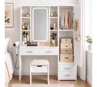 GOKHOMX Coiffeuse avec Miroir LED, Tabouret, Rangement latéral, Blanche | 3 couleurs, 4 tiroirs, 2 prises, USB-A, USB-C, porte-sèche-cheveux, tabouret coffre, meuble latéral gauche ou droit, 120 cm