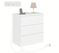 GOKHOMX Commode Blanche 3 Tiroirs avec 2 Ports USB 2 Ports AC, Commode Chambre Blanche Meuble de Rangement Table de Chevet Haute 75CM pour Chambre Salon Bureau (3 Tiroirs avec Prise, 70x40x75cm)