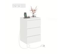 GOKHOMX Commode Blanche 3 Tiroirs avec 2 Ports USB 2 Ports AC, Commode Chambre Blanche Meuble de Rangement Table de Chevet Haute 60cm pour Chambre Salon Bureau (3 Tiroirs avec Prise, 40x35x60cm)