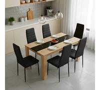 GOKHOMX Ensemble Table a Manger Rectangulaire 140 cm avec 6 Chaises, Ensemble Table et 6 Chaises Salle a Manger en Similicuir Noir, pour Cuisine Salle à Manger et Salon (Chêne + Noir)