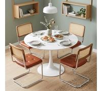 GOKHOMX Ensemble Table a Manger Ronde 110 cm avec 4 Chaises, Ensemble Table et Chaises Salle a Manger, pour Cuisine Salle à Manger Salon Restaurant Cafés et Bureau (Blanc + Similicuir Marron)