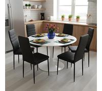 GOKHOMX Ensemble Table a Manger Ronde 110 cm avec 6 Chaises, Ensemble Table et Chaises Salle a Manger en Similicuir Noir, pour Cuisine Salle à Manger Salon Bureau et Restaurant (Blanc + Noir)