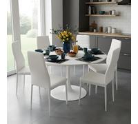 GOKHOMX Ensemble Table a Manger Ronde de 110 cm avec 6 Chaises, Ensemble Table et Chaises Salle a Manger en Similicuir Blanc, pour Cuisine Salle à Manger Salon Bureau et Restaurant (Blanc)