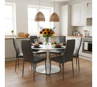 GOKHOMX Ensemble Table a Manger Ronde de 110 cm avec 6 Chaises, Ensemble Table et Chaises Salle a Manger en Similicuir Gris, pour Cuisine Salle à Manger Salon Bureau et Restaurant (Blanc + Gris)