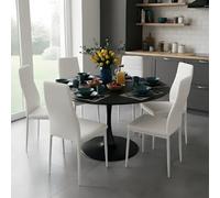 GOKHOMX Ensemble Table a Manger Ronde de 110 cm avec 6 Chaises, Ensemble Table et Chaises Salle a Manger en Similicuir Blanc, pour Cuisine Salle à Manger Salon Bureau et Restaurant (Noir + Blanc)