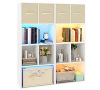 GOKHOMX Lot de 2 Bibliothèques Blanches, Meuble Case de Rangement avec 6 Compartiments 2 Tiroirs en Tissu, Etagere Cube Bibliotheque avec Bande Lumineuse pour Salon Bureau Chambre, 50x29x121 cm