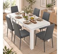 GOKHOMX Table à Manger Blanche 140x70 cm avec 6 Chaises Grises Similicuir | Ensemble Table et Chaises Salle à Manger pour 6 Personnes, Table Rectangulaire en Bois, pour Cuisine, Salon et Coin Repas
