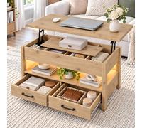 GOKHOMX Table Basse Relevable Extensible 100x100, Bois Chêne, Rangement | Table basse extensible 100x50 à 100x100 cm et table basse salon relevable 47,5 à 63 cm : 2 tiroirs, USB et prises, LED