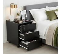 GOKHOMX Table de Chevet Noire avec 3 Tiroirs, Petite Commode Chambre sur roulettes, Meuble Gaming & Casier a Clef pour sous Bureau, 39x45x54cm