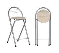 GOKHOMX Tabouret de Bar Pliant Lot de 2, Tabouret Pliant Portable Chaise de Bar Pliante avec Dossier pour Bistro Cuisine Terrasse Extérieure, Hauteur d'assise 61 cm, Chêne et Argent