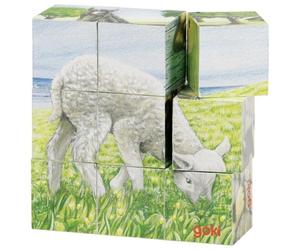 Goki - 2041666 - Puzzle en Bois - Cubes - Animaux De La Ferme - 9 Pièces