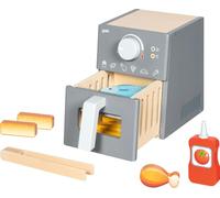 goki 51430 - Airfryer avec accessoires, jouet friteuse à air chaud en bois, lot de 16 pièces avec pinces en bois, viande, poisson, bâtonnets de poisson, frites, ketchup - Accessoires pour magasin de